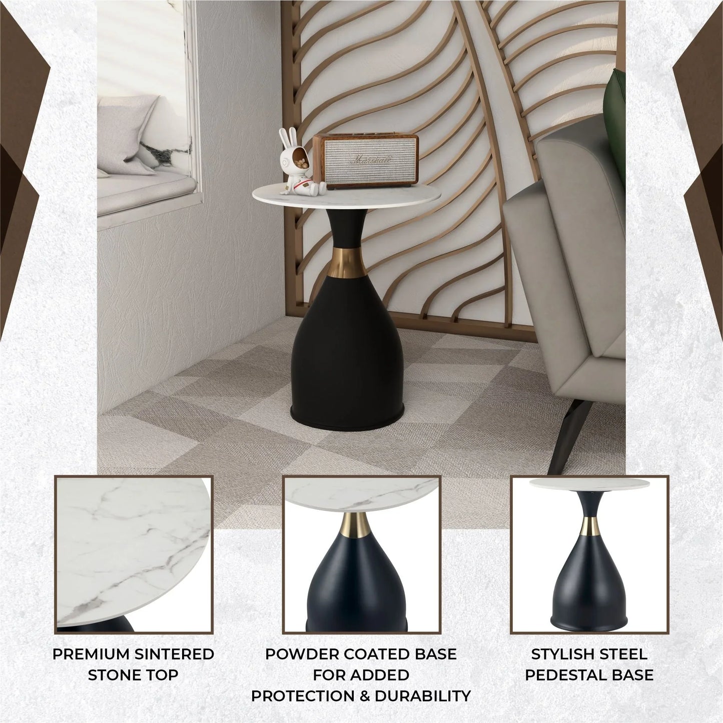 Bento Sintered Stone Top Side Table Round Accent Table Indoor Nightstand with Stainless Steel - Elax Furniture