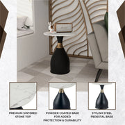 Bento Sintered Stone Top Side Table Round Accent Table Indoor Nightstand with Stainless Steel - Elax Furniture