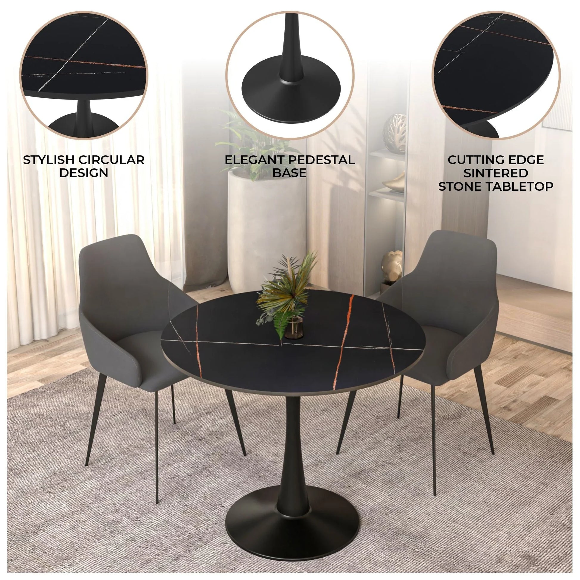 Bristol 31" Round Dining Table with Sintered Stone Tabletop in Black Steel - Elax Furniture
