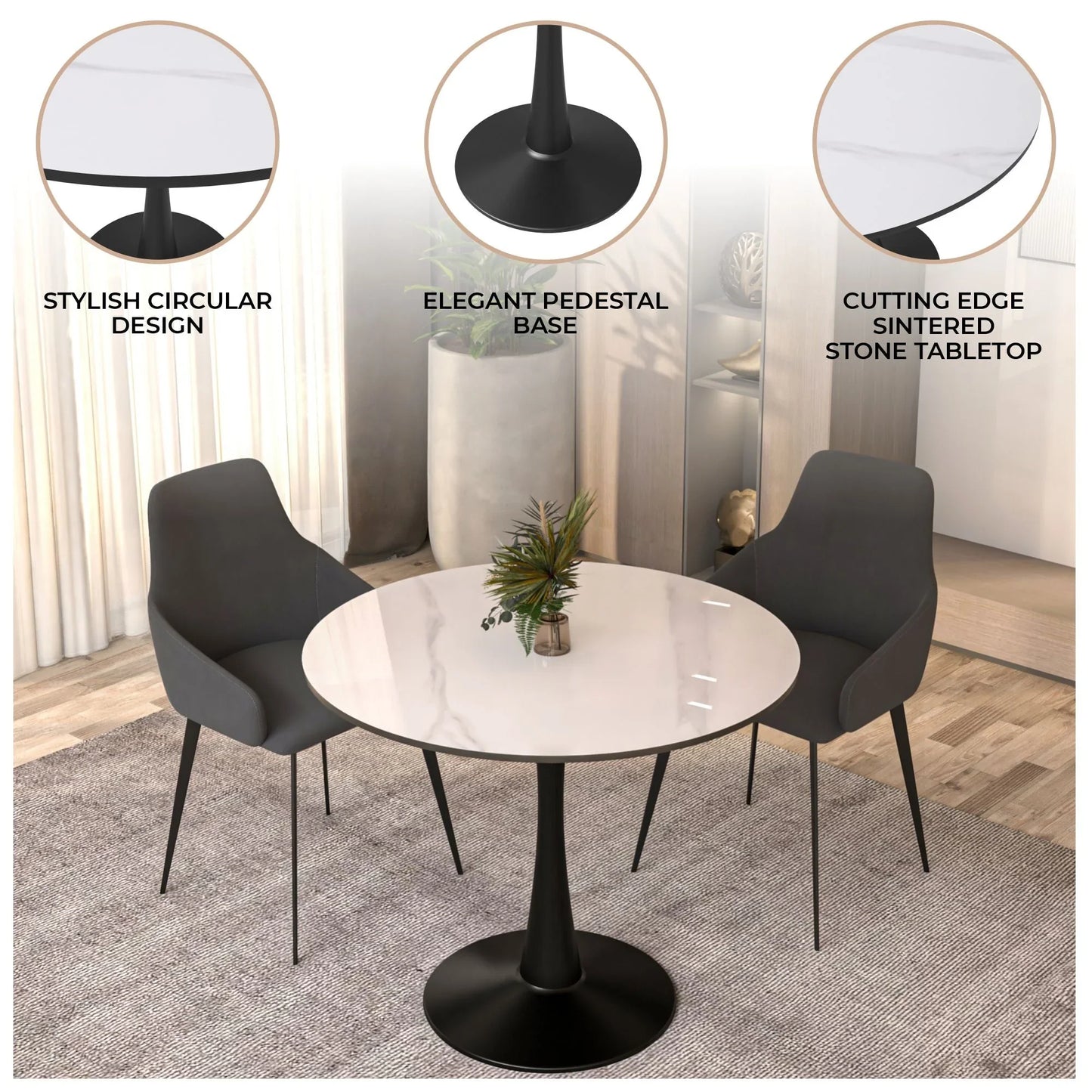 Bristol 31" Round Dining Table with Sintered Stone Tabletop in Black Steel - Elax Furniture