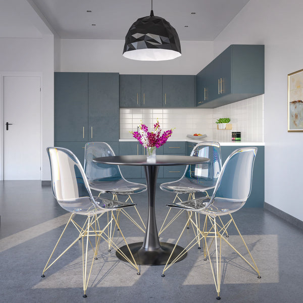Bristol 5-Piece Dining Set 35" Round Dining Table in Black Iron - 4 ABS Plastic Side Chair in Gold Base