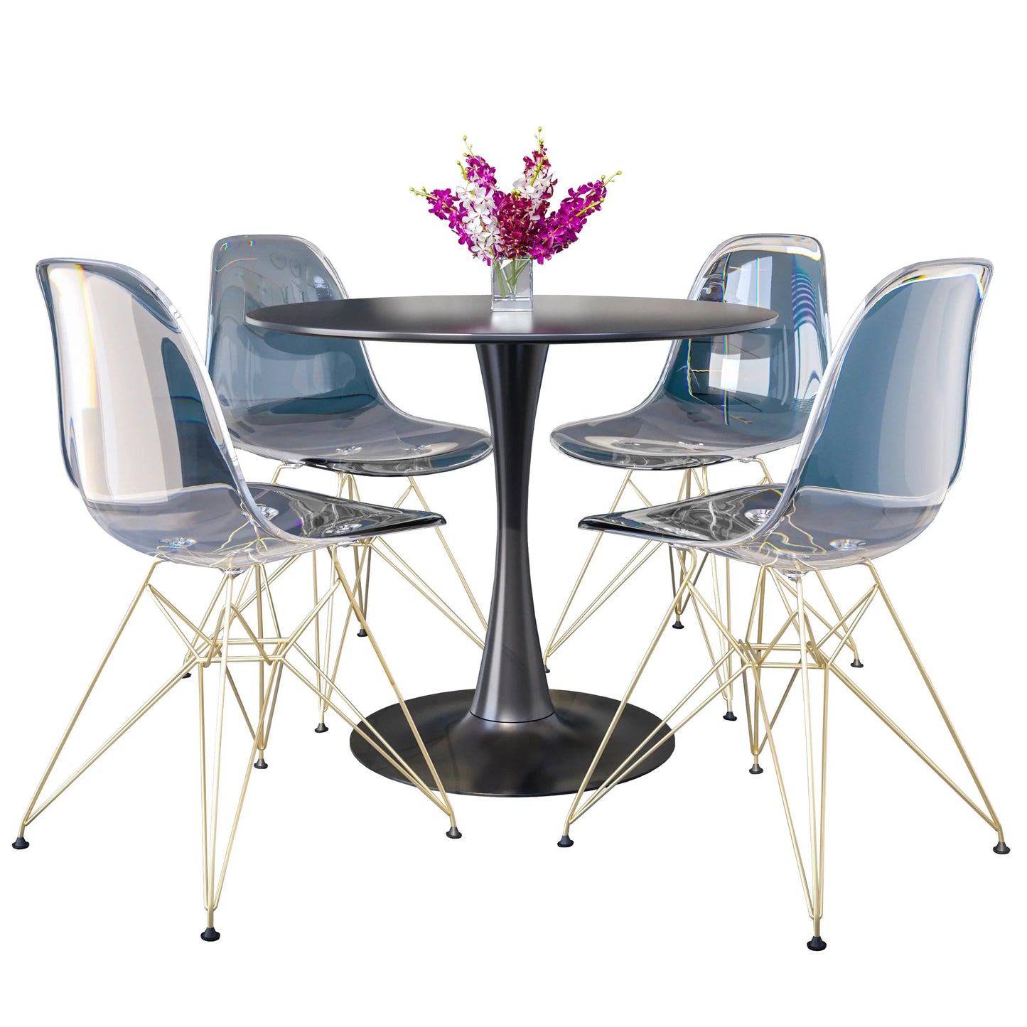 Bristol 5-Piece Dining Set 35" Round Dining Table in Black Iron - 4 ABS Plastic Side Chair in Gold Base - Elax Furniture