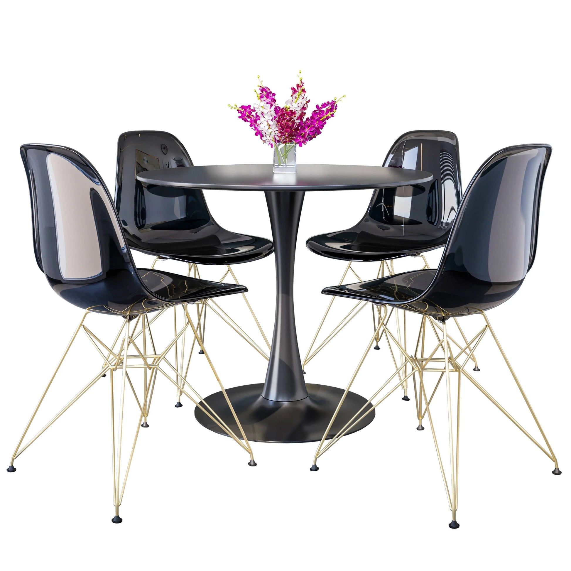 Bristol 5-Piece Dining Set 35" Round Dining Table in Black Iron - 4 ABS Plastic Side Chair in Gold Base - Elax Furniture