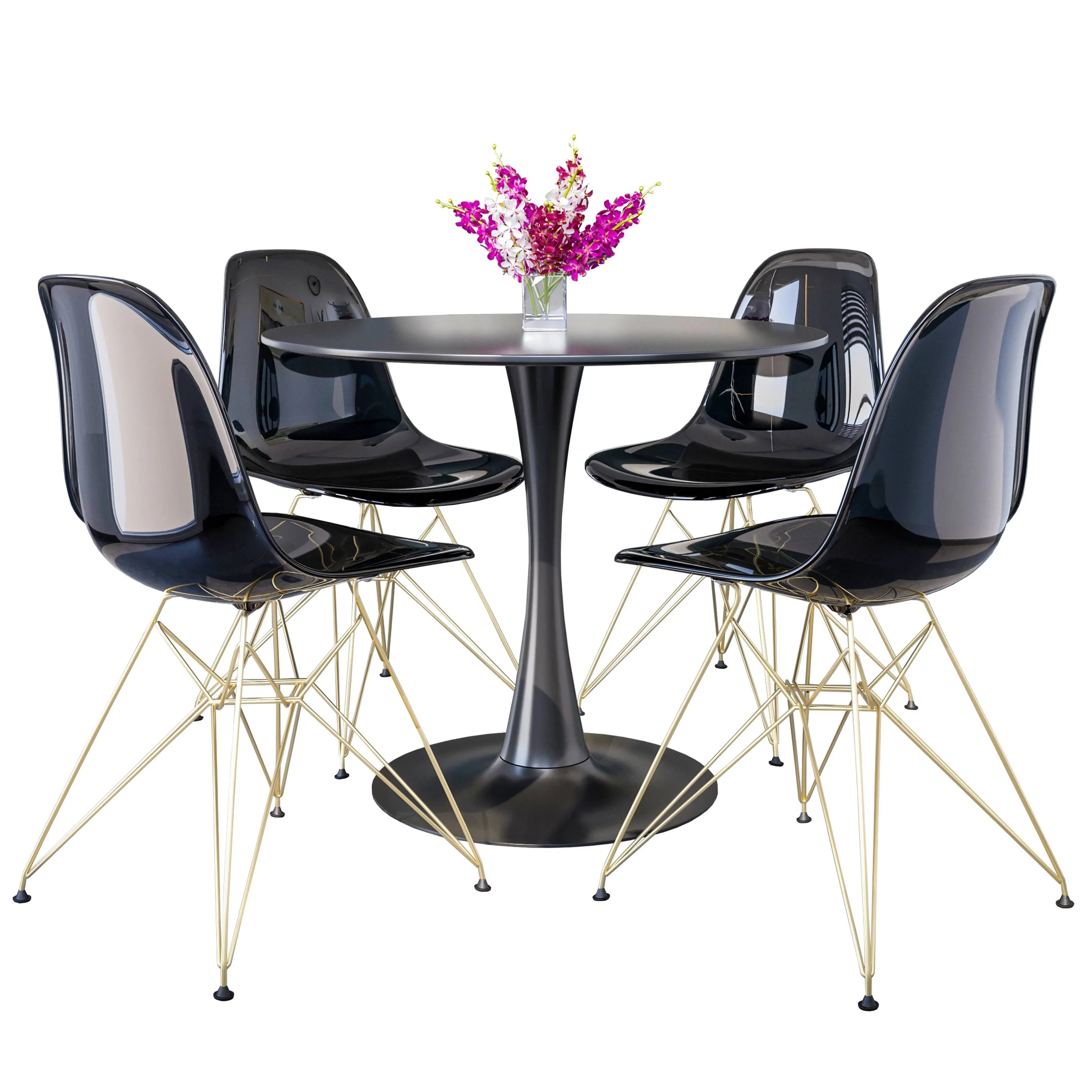 Bristol 5-Piece Dining Set 35" Round Dining Table in Black Iron - 4 ABS Plastic Side Chair in Gold Base - Elax Furniture