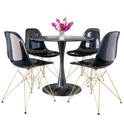 Bristol 5-Piece Dining Set 35" Round Dining Table in Black Iron - 4 ABS Plastic Side Chair in Gold Base - Elax Furniture