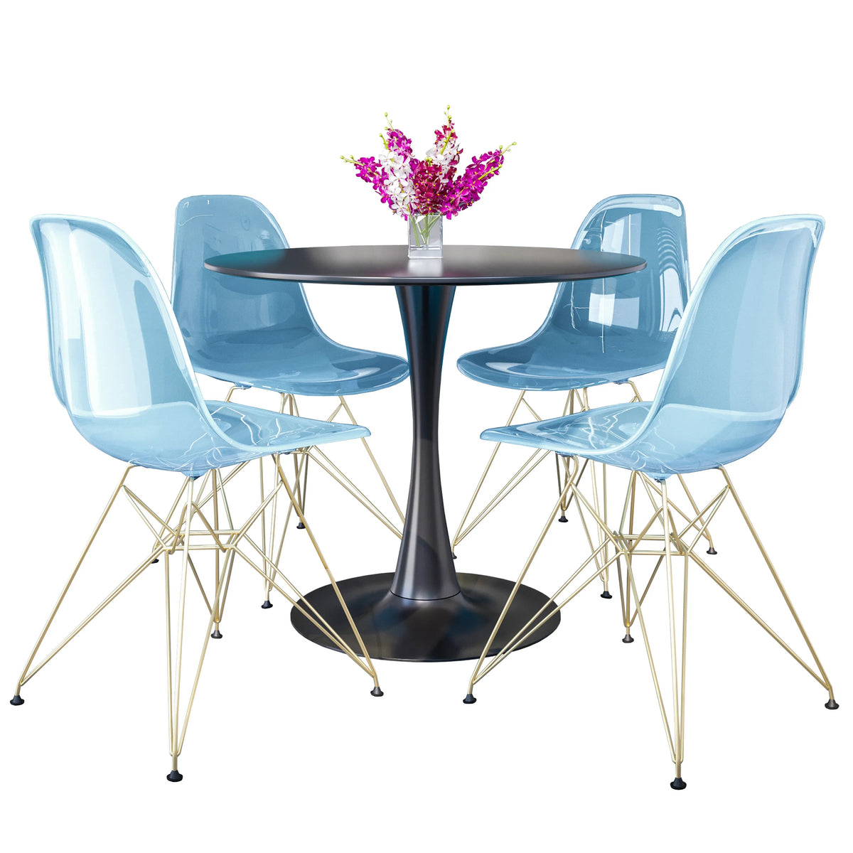 Bristol 5-Piece Dining Set 35" Round Dining Table in Black Iron - 4 ABS Plastic Side Chair in Gold Base - Elax Furniture