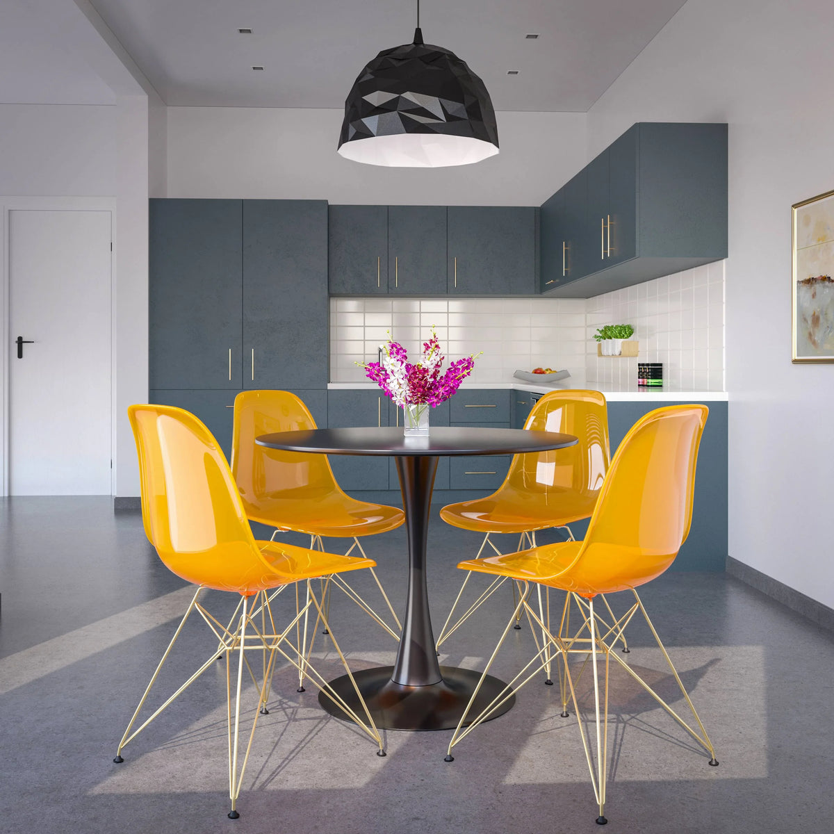 Bristol 5-Piece Dining Set 35" Round Dining Table in Black Iron - 4 ABS Plastic Side Chair in Gold Base - Elax Furniture