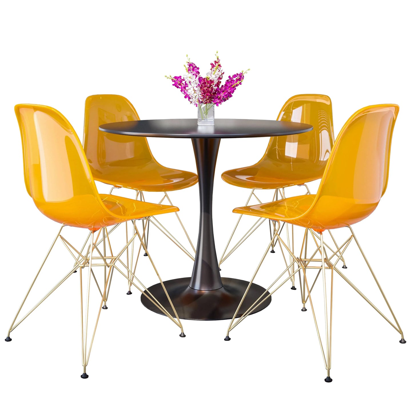 Bristol 5-Piece Dining Set 35" Round Dining Table in Black Iron - 4 ABS Plastic Side Chair in Gold Base - Elax Furniture