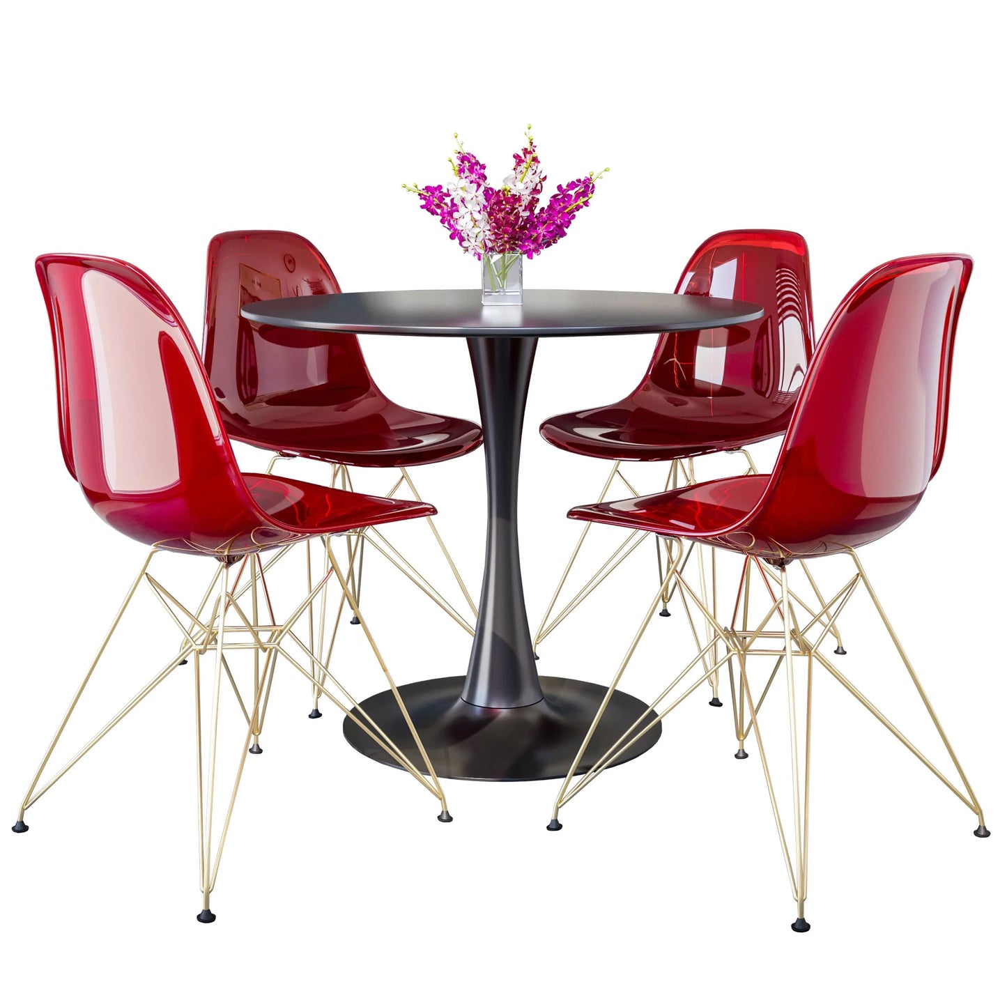 Bristol 5-Piece Dining Set 35" Round Dining Table in Black Iron - 4 ABS Plastic Side Chair in Gold Base - Elax Furniture