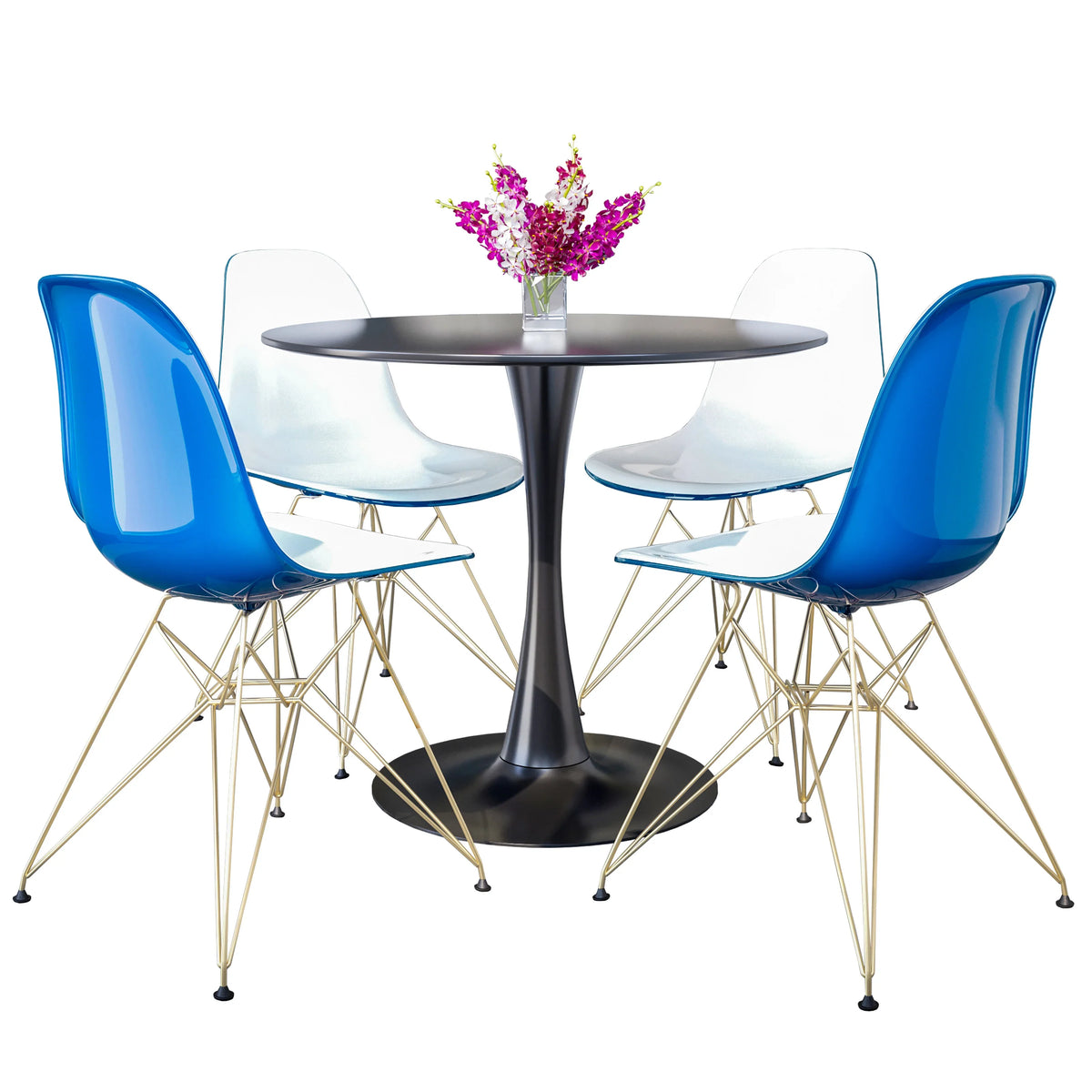 Bristol 5-Piece Dining Set 35" Round Dining Table in Black Iron - 4 ABS Plastic Side Chair in Gold Base - Elax Furniture