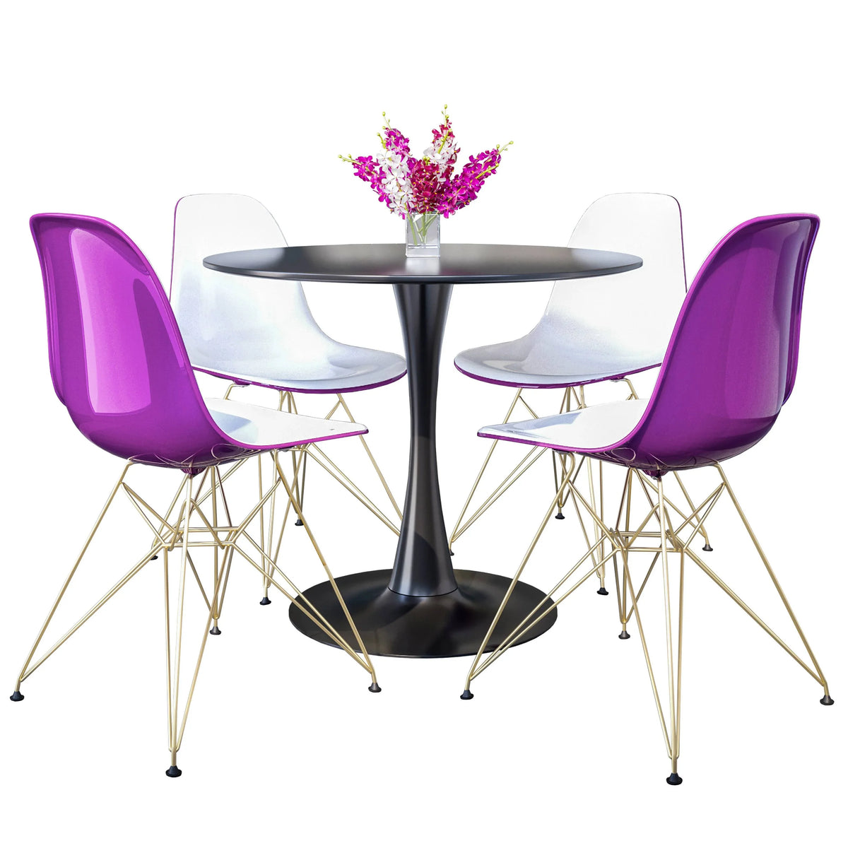 Bristol 5-Piece Dining Set 35" Round Dining Table in Black Iron - 4 ABS Plastic Side Chair in Gold Base - Elax Furniture