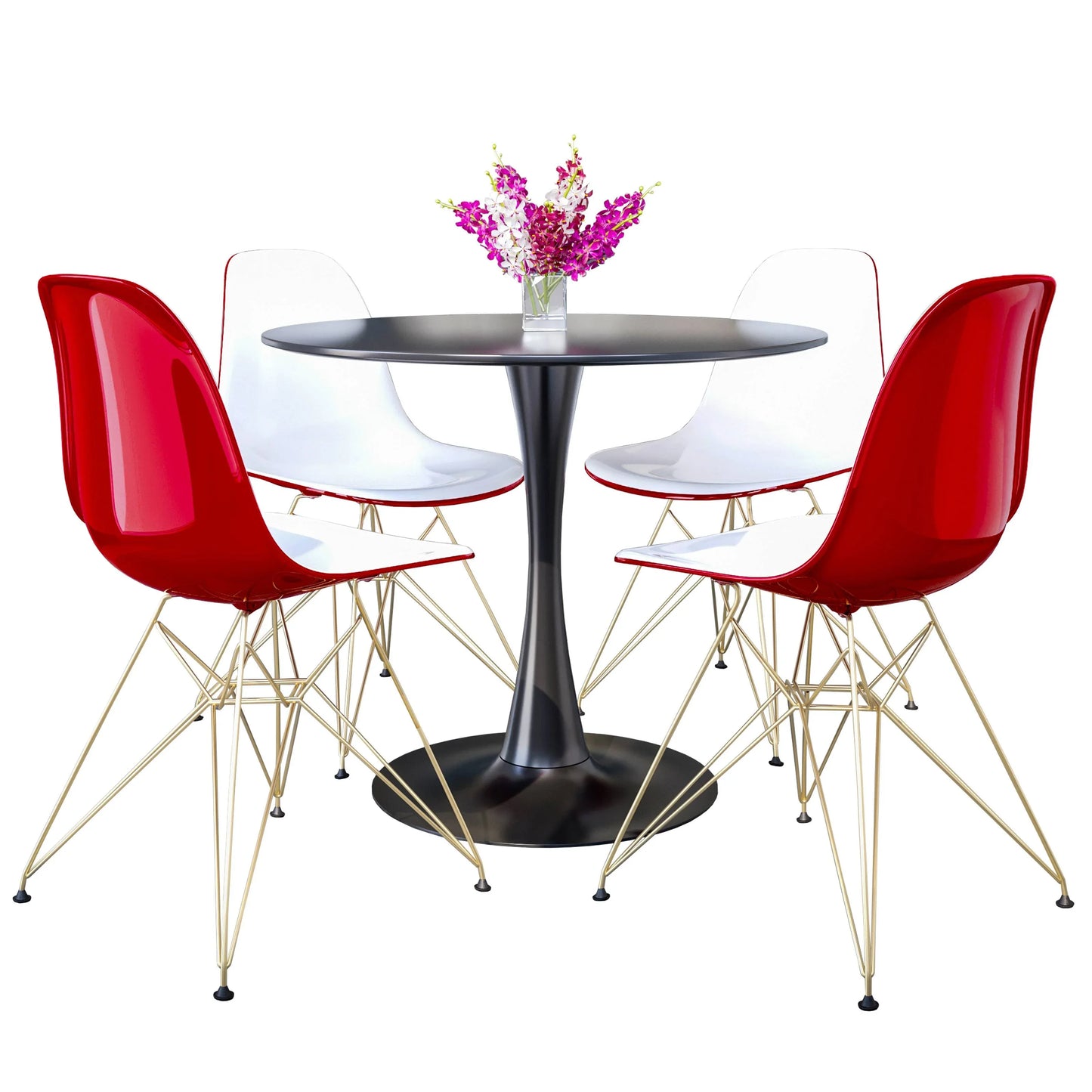 Bristol 5-Piece Dining Set 35" Round Dining Table in Black Iron - 4 ABS Plastic Side Chair in Gold Base - Elax Furniture
