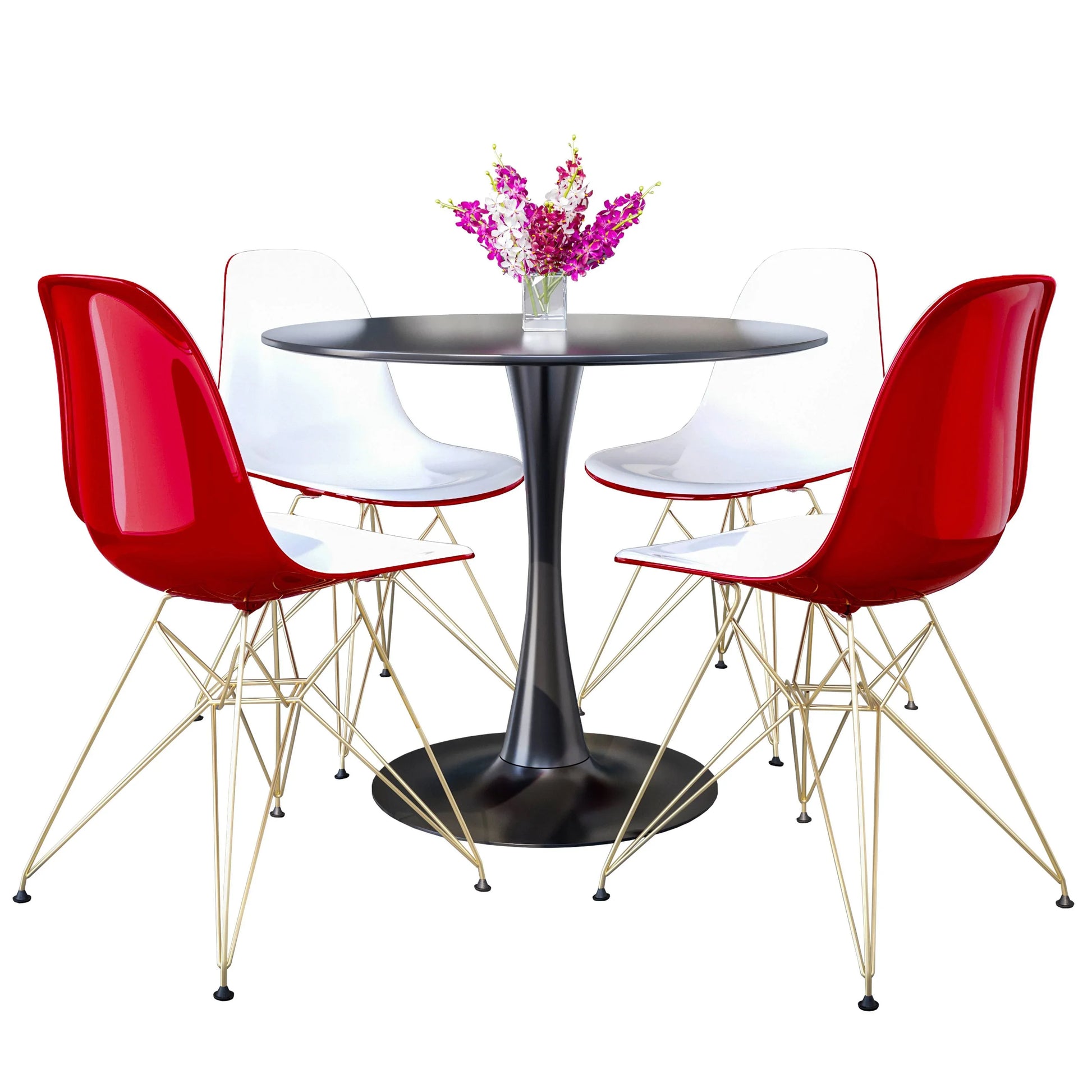 Bristol 5-Piece Dining Set 35" Round Dining Table in Black Iron - 4 ABS Plastic Side Chair in Gold Base - Elax Furniture