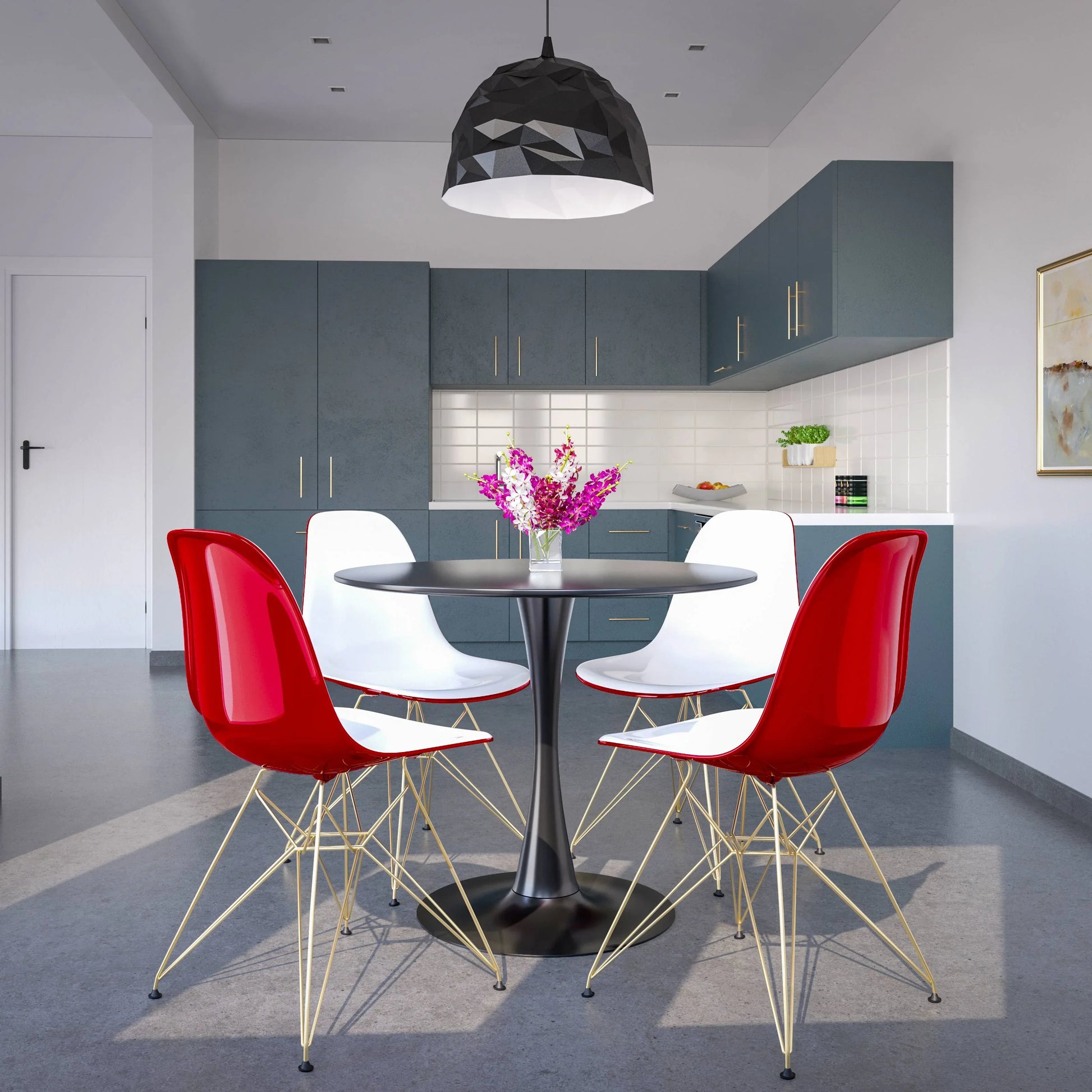 Bristol 5-Piece Dining Set 35" Round Dining Table in Black Iron - 4 ABS Plastic Side Chair in Gold Base - Elax Furniture