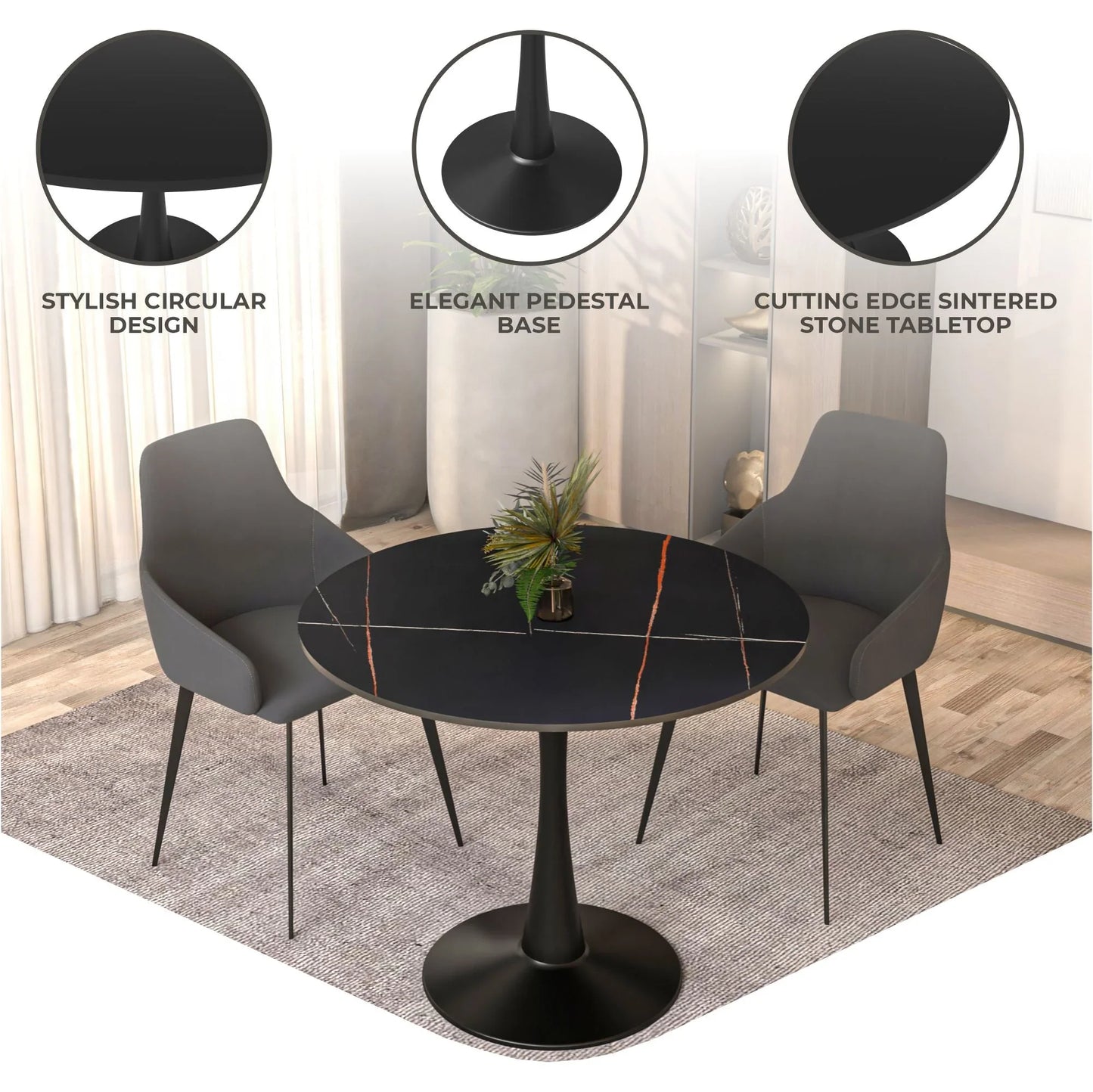 Bristol 35" Round Dining Table with Sintered Stone Tabletop in Black Steel - Elax Furniture