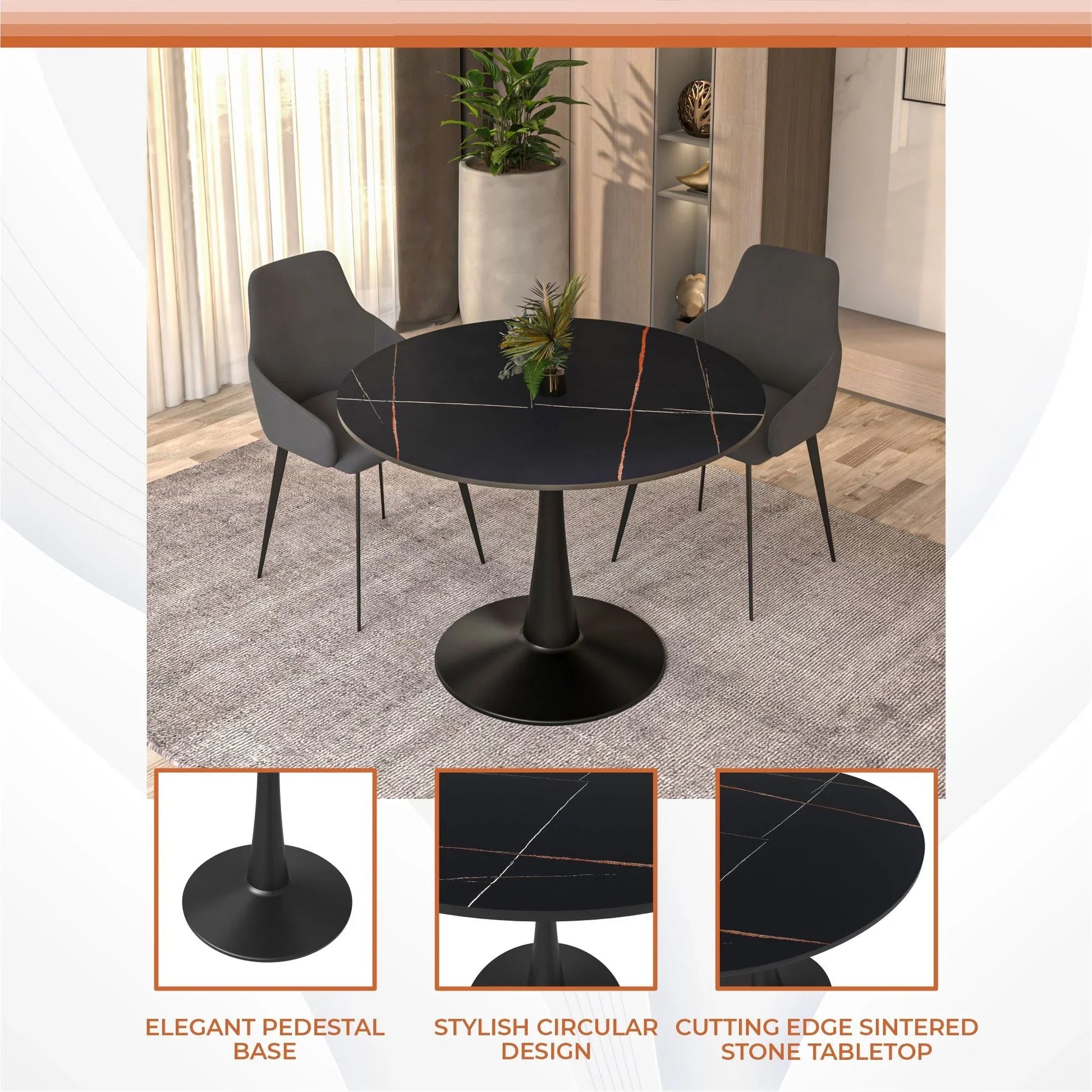Bristol 40" Round Dining Table with Sintered Stone Tabletop in Black Steel - Elax Furniture