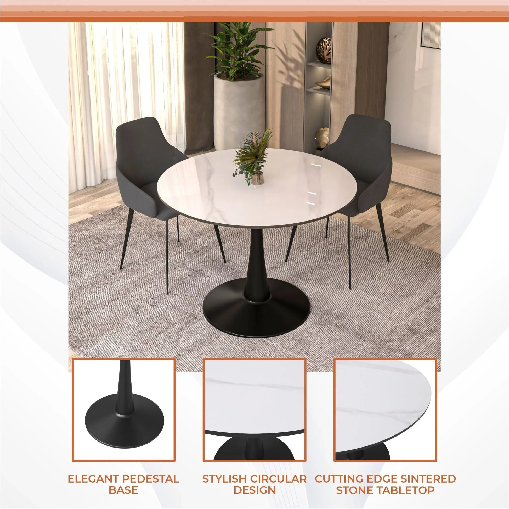 Bristol 40" Round Dining Table with Sintered Stone Tabletop in Black Steel - Elax Furniture