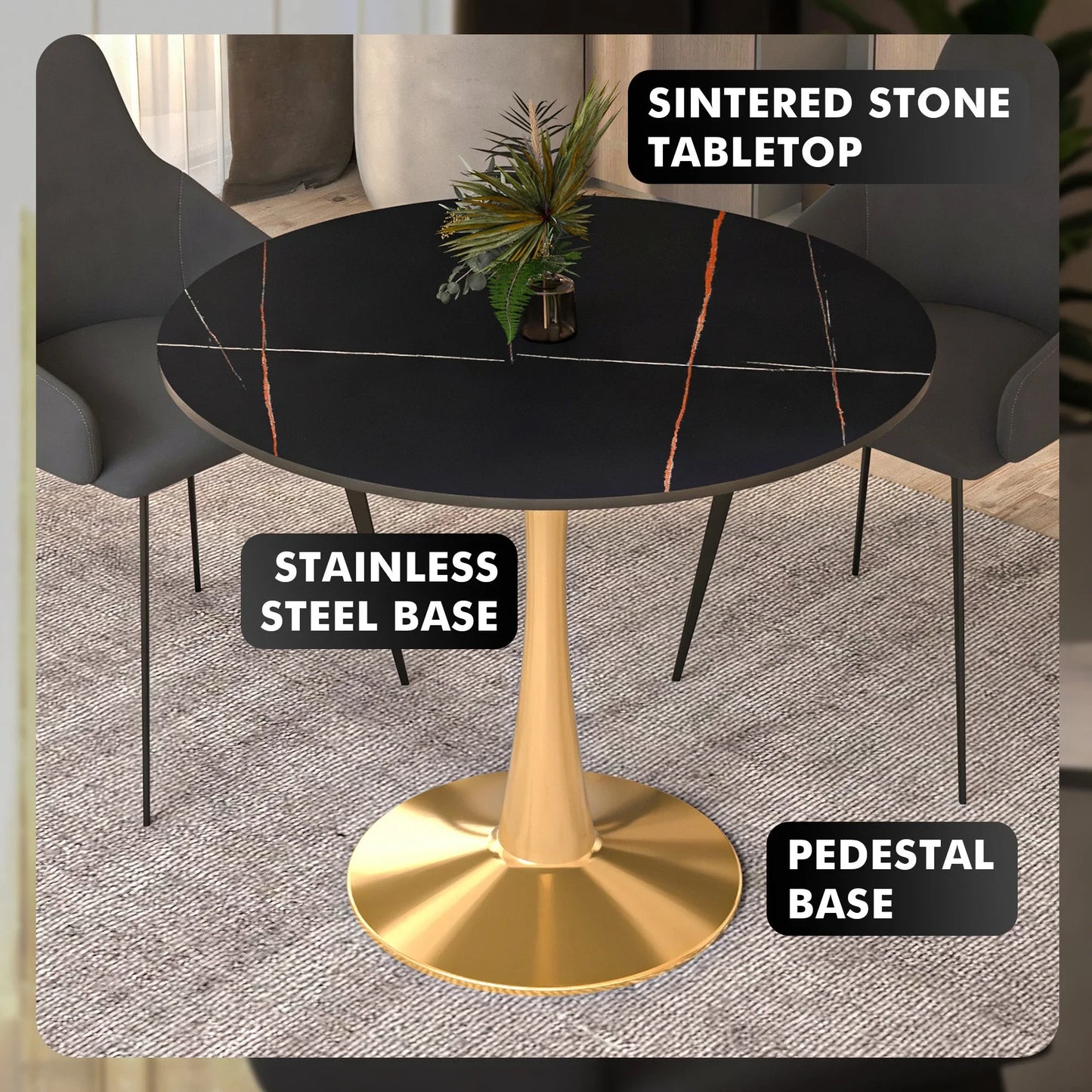 Bristol 31" Round Dining Table with Sintered Stone Tabletop in Gold Steel - Elax Furniture