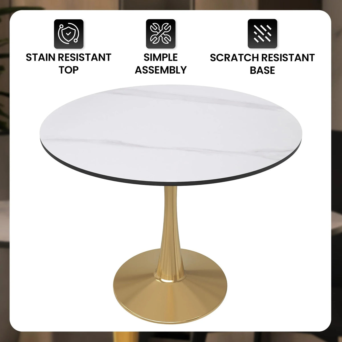 Bristol 31" Round Dining Table with Sintered Stone Tabletop in Gold Steel - Elax Furniture