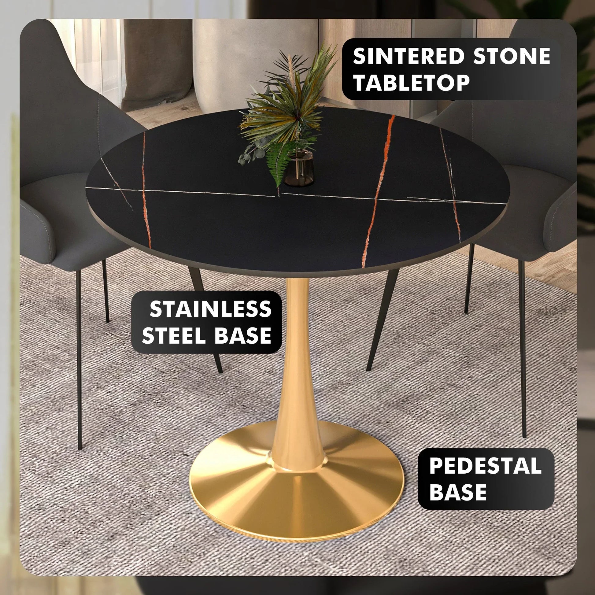 Bristol 35" Round Dining Table with Sintered Stone Tabletop in Gold Steel - Elax Furniture