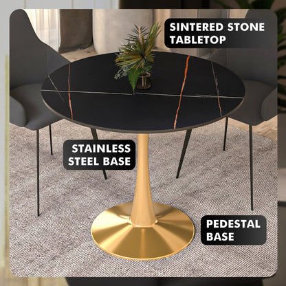 Bristol 35" Round Dining Table with Sintered Stone Tabletop in Gold Steel - Elax Furniture