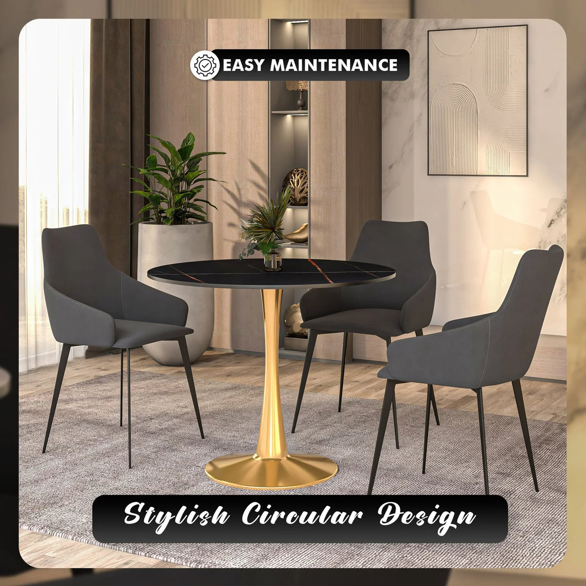 Bristol 35" Round Dining Table with Sintered Stone Tabletop in Gold Steel - Elax Furniture
