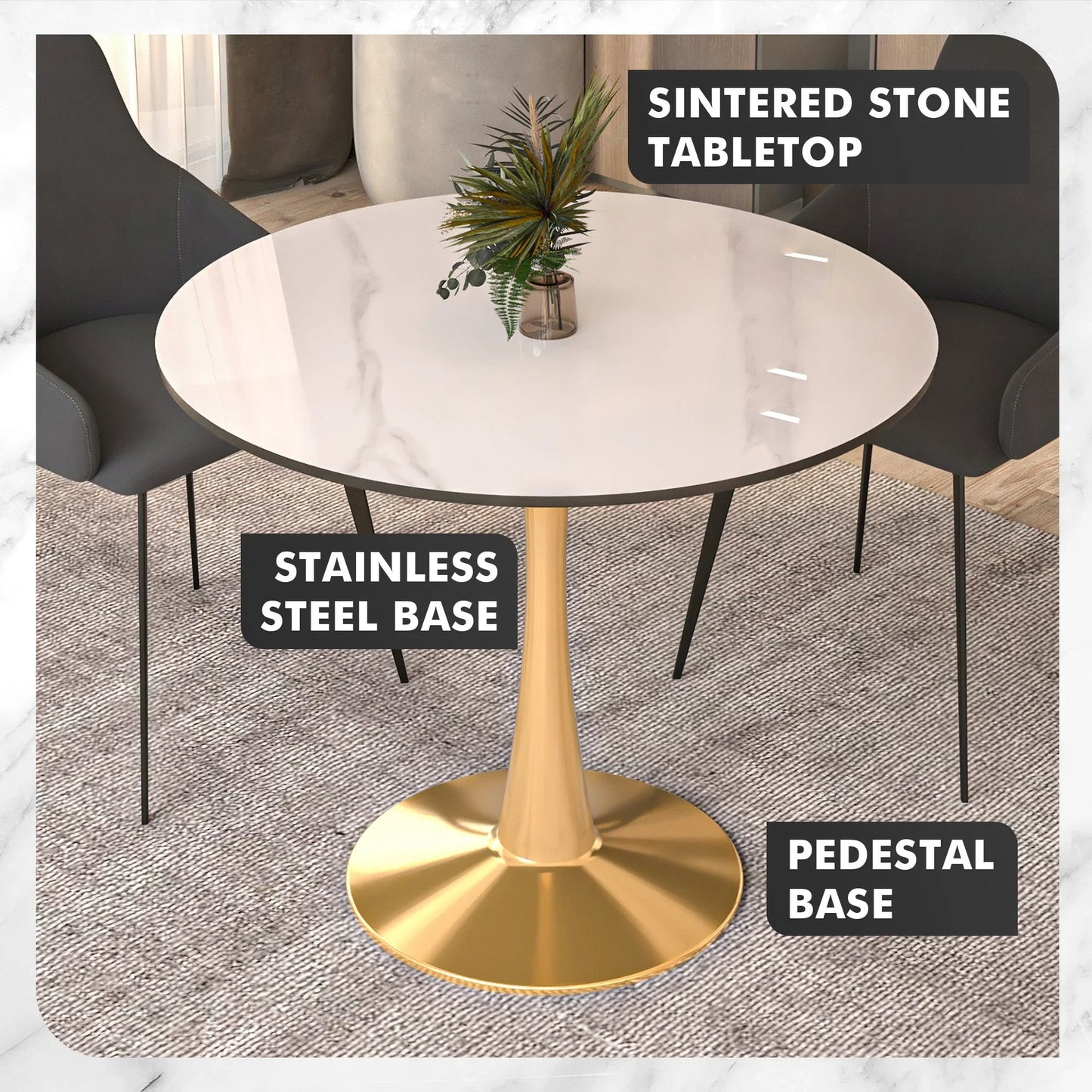 Bristol 35" Round Dining Table with Sintered Stone Tabletop in Gold Steel - Elax Furniture