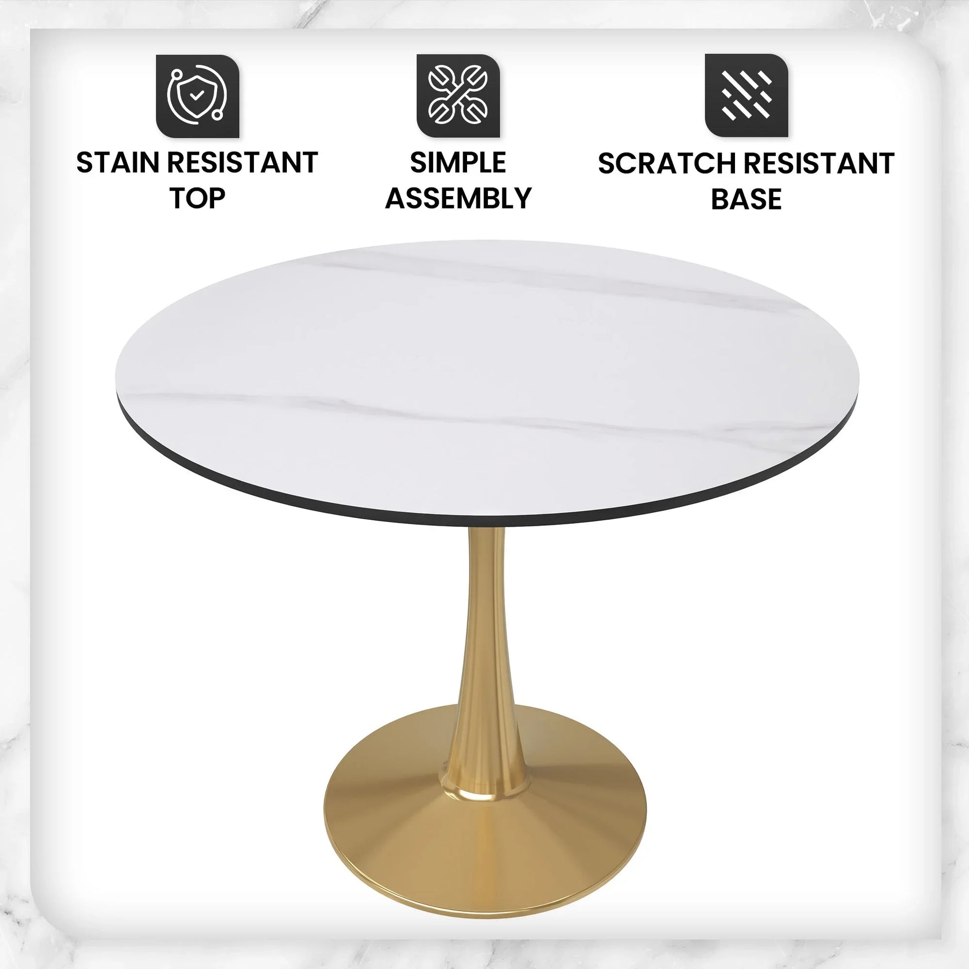 Bristol 35" Round Dining Table with Sintered Stone Tabletop in Gold Steel - Elax Furniture