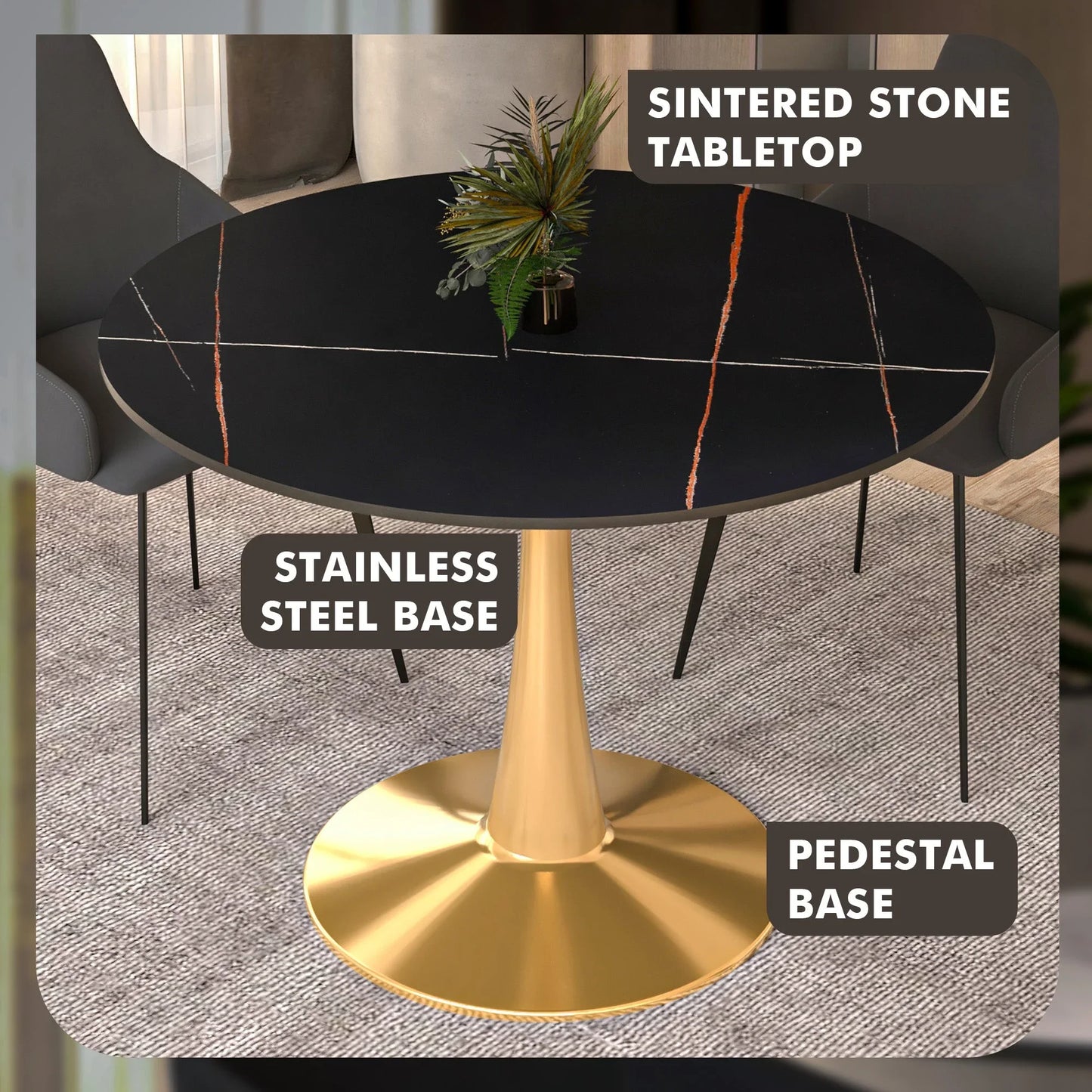 Bristol 40" Round Dining Table with Sintered Stone Tabletop in Gold Steel - Elax Furniture