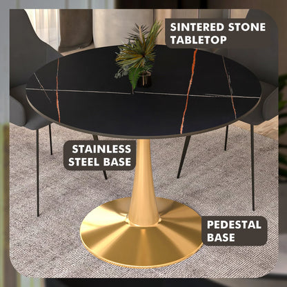 Bristol 40" Round Dining Table with Sintered Stone Tabletop in Gold Steel - Elax Furniture
