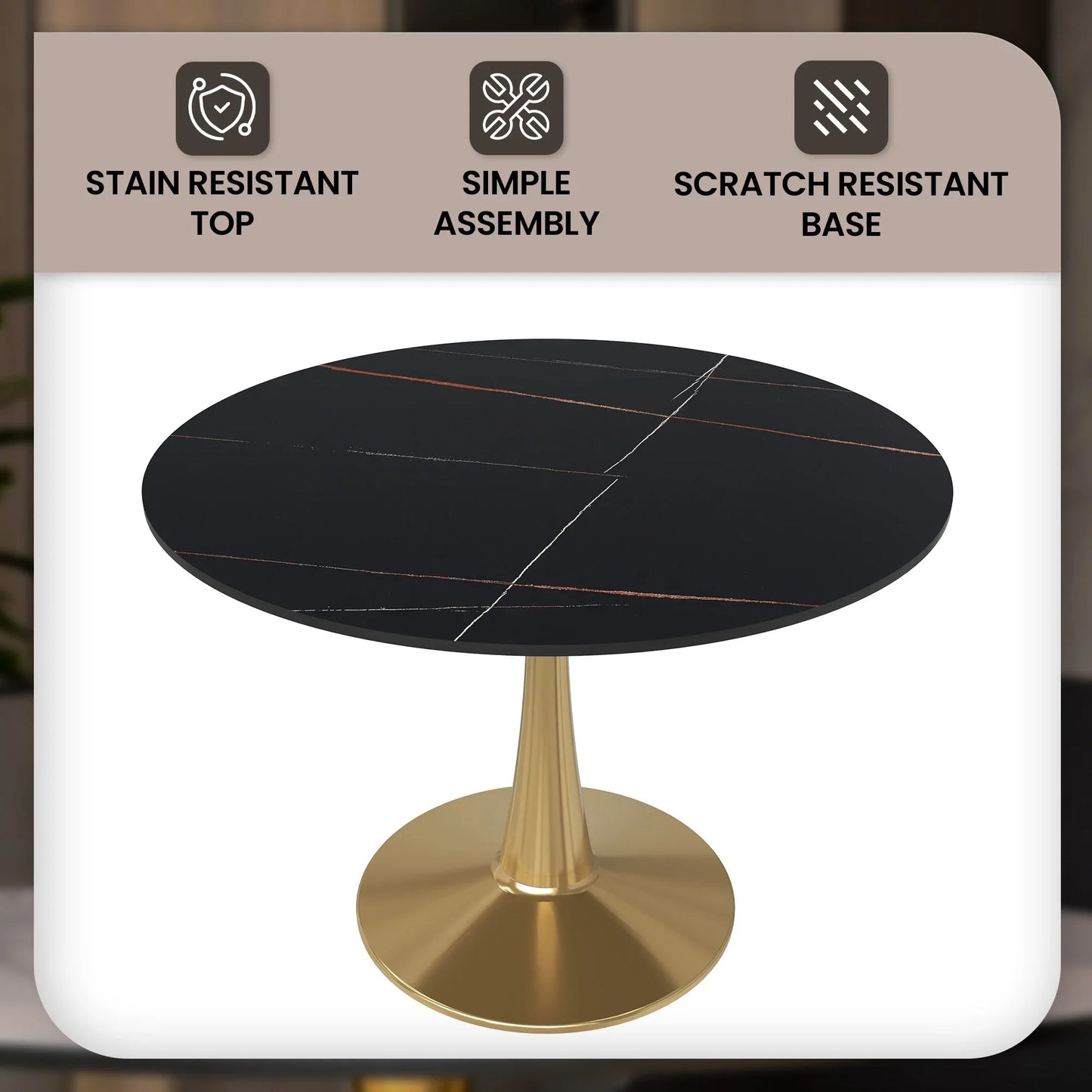 Bristol 40" Round Dining Table with Sintered Stone Tabletop in Gold Steel - Elax Furniture