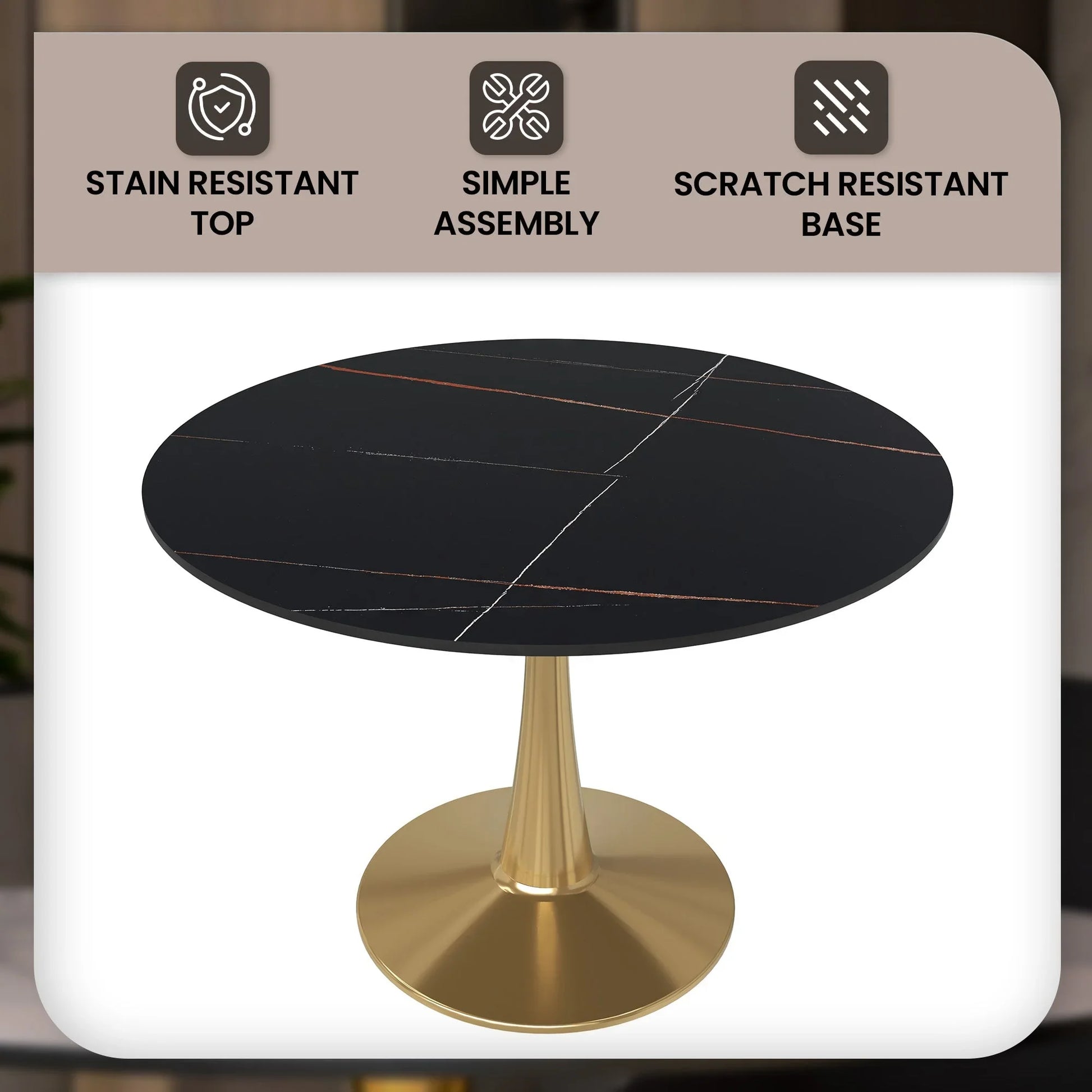 Bristol 40" Round Dining Table with Sintered Stone Tabletop in Gold Steel - Elax Furniture