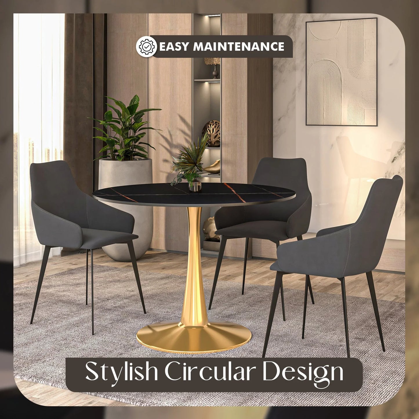 Bristol 40" Round Dining Table with Sintered Stone Tabletop in Gold Steel - Elax Furniture
