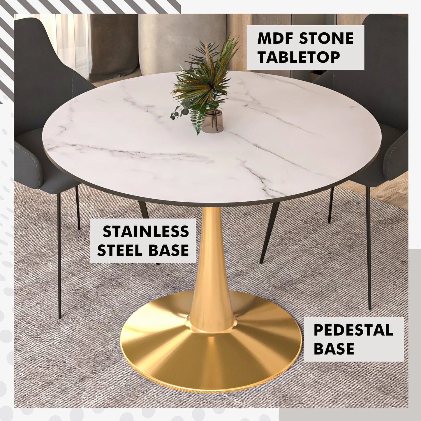 Bristol 40" Round Dining Table with MDF Wood Tabletop in Gold Steel - Elax Furniture