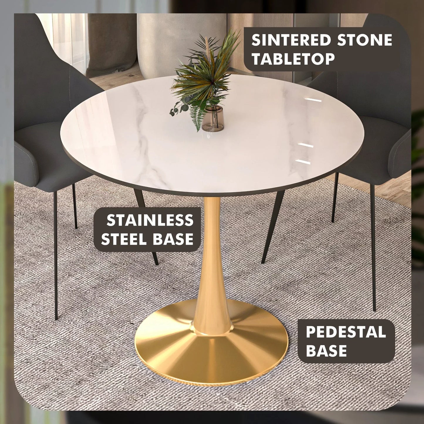 Bristol 40" Round Dining Table with Sintered Stone Tabletop in Gold Steel - Elax Furniture