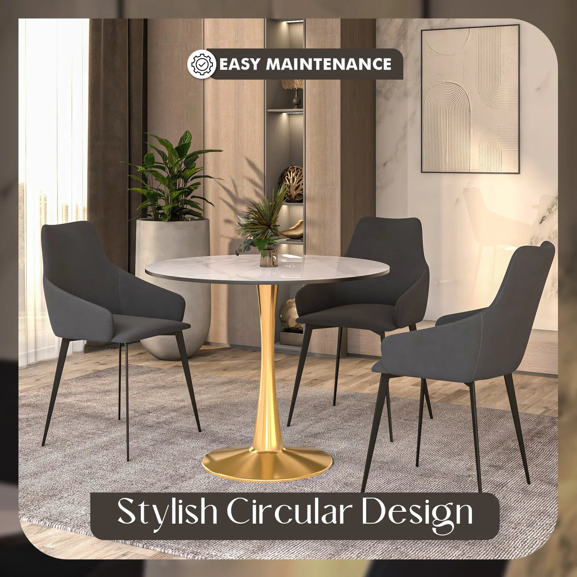 Bristol 40" Round Dining Table with Sintered Stone Tabletop in Gold Steel - Elax Furniture