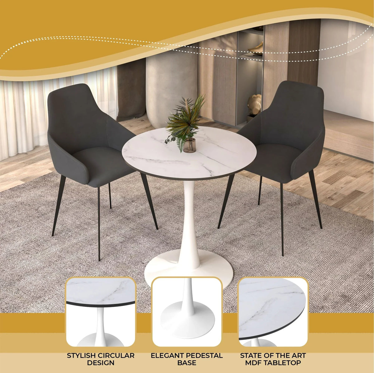 Bristol 27" Round Dining Table with MDF Wood Tabletop in White Steel - Elax Furniture
