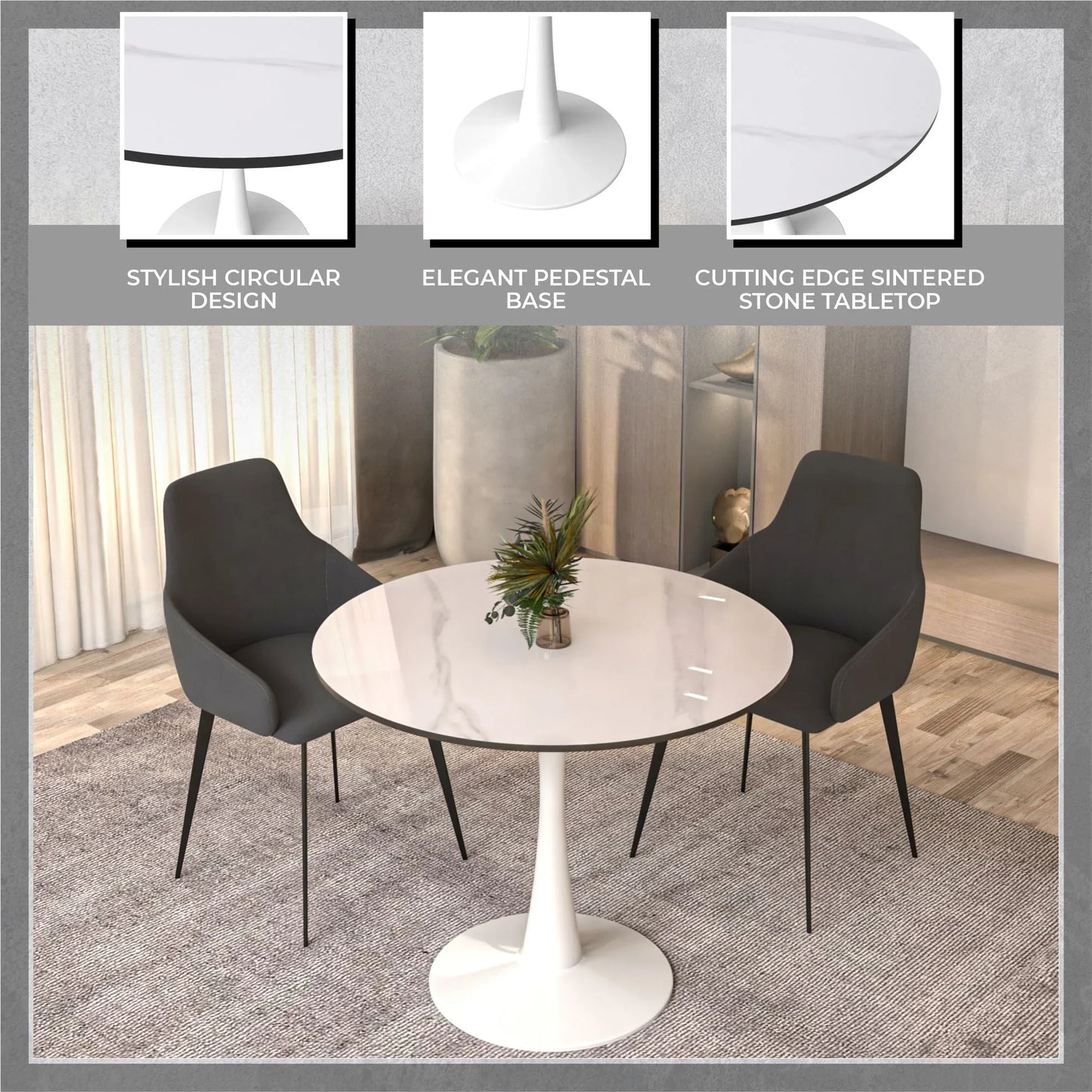 Bristol 31" Round Dining Table with Sintered Stone Tabletop in White Steel - Elax Furniture