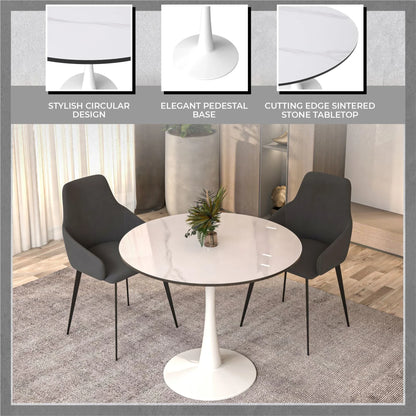 Bristol 31" Round Dining Table with Sintered Stone Tabletop in White Steel - Elax Furniture