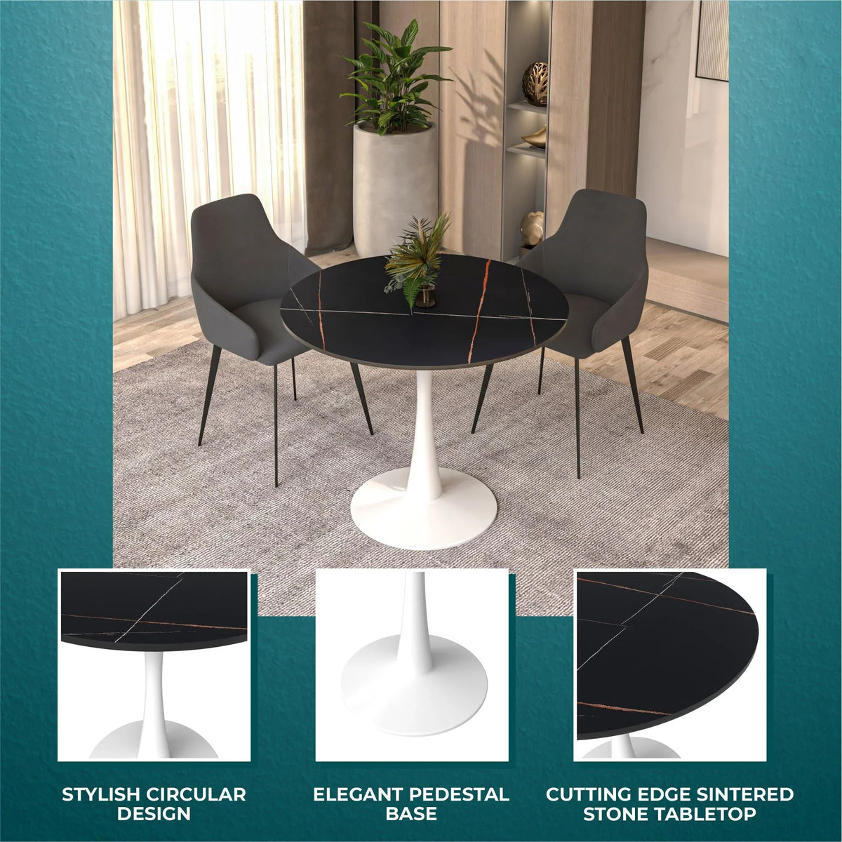 Bristol 35" Round Dining Table with Sintered Stone Tabletop in White Steel - Elax Furniture