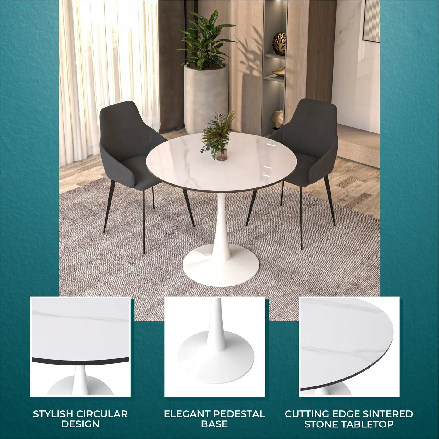 Bristol 35" Round Dining Table with Sintered Stone Tabletop in White Steel - Elax Furniture
