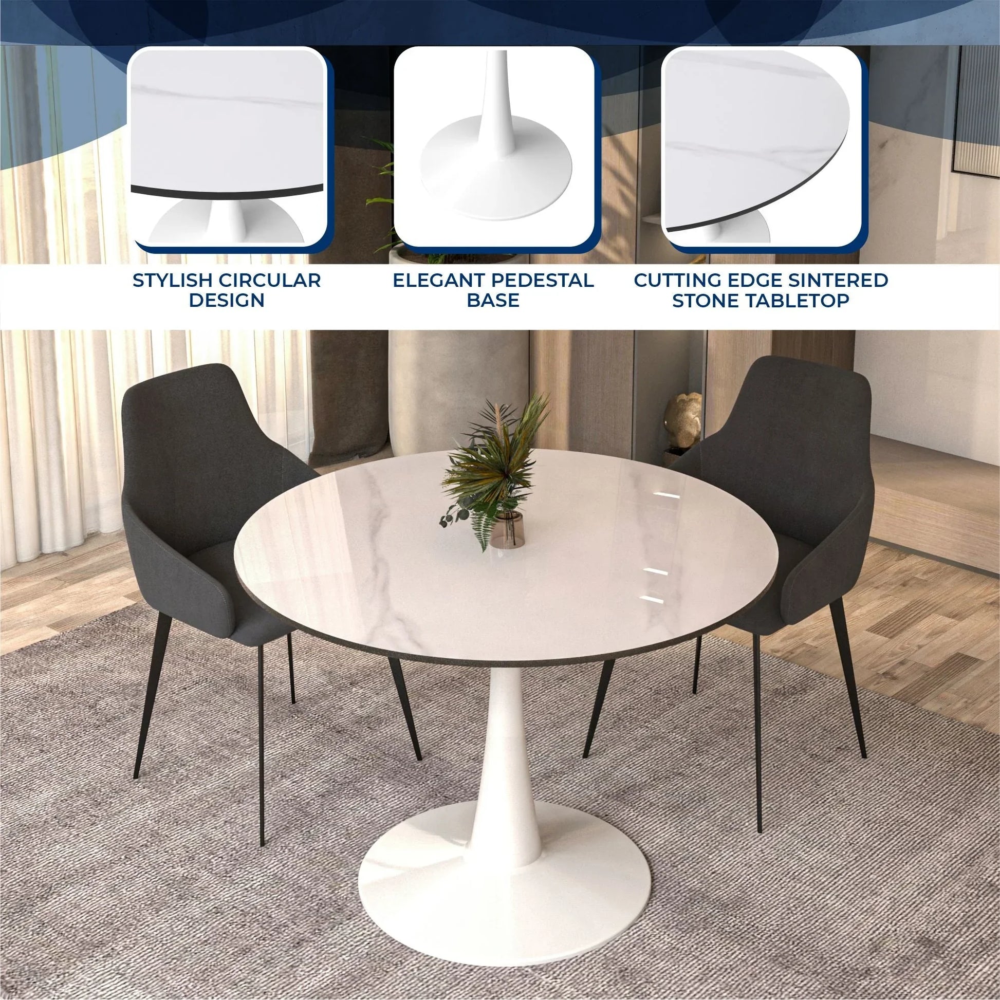 Bristol 40" Round Dining Table with Sintered Stone Tabletop in White Steel - Elax Furniture