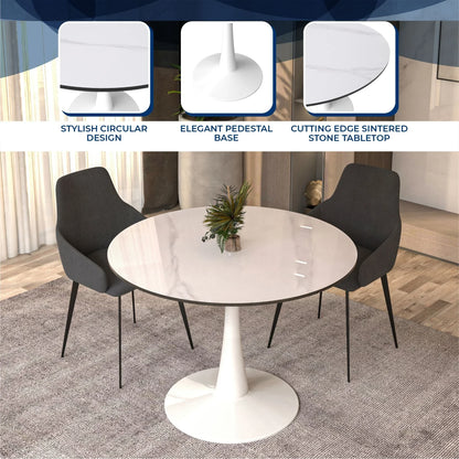 Bristol 40" Round Dining Table with Sintered Stone Tabletop in White Steel - Elax Furniture