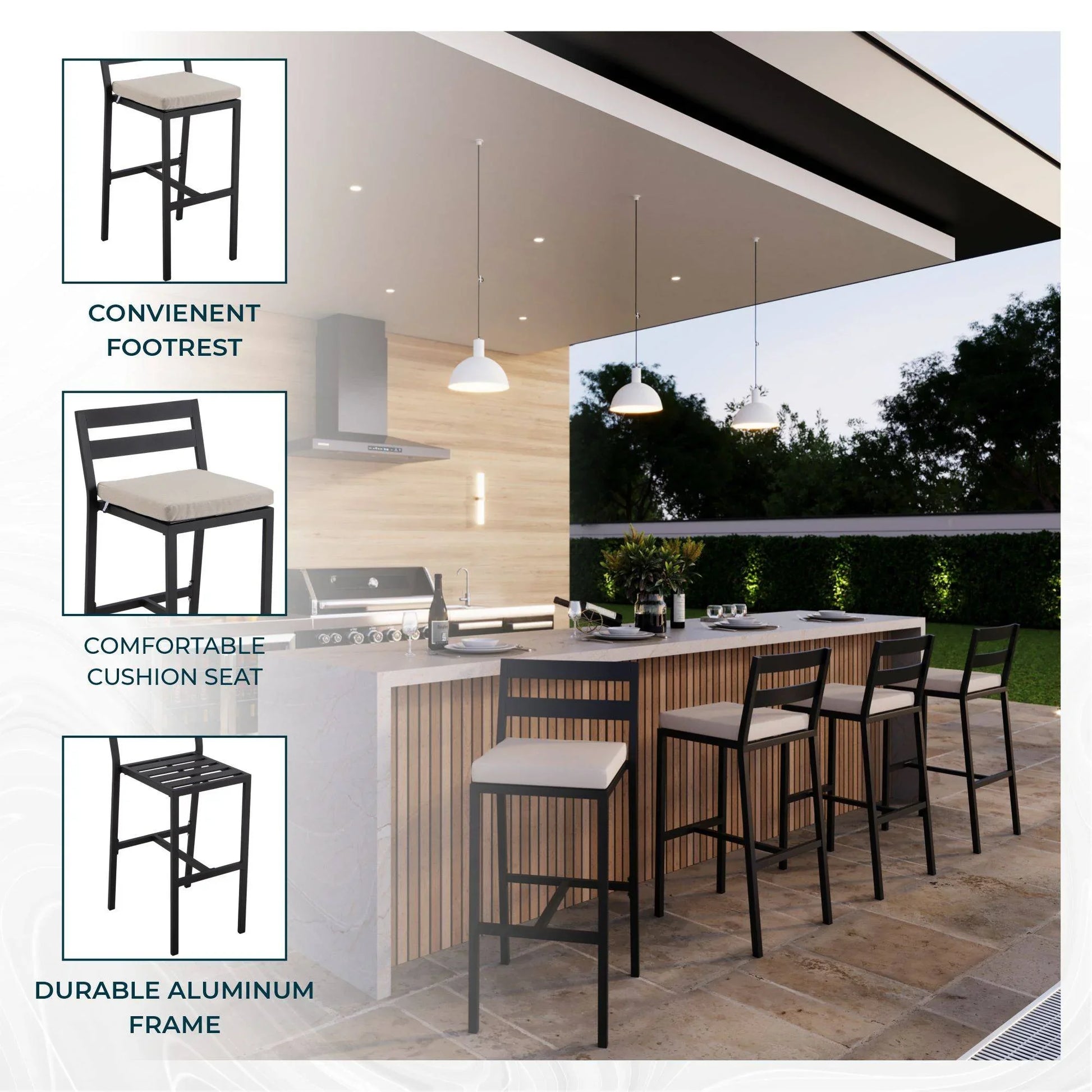 Chelsea Modern Patio Bar Chair in Powder-Coated Aluminum with Removable Cushion - Elax Furniture