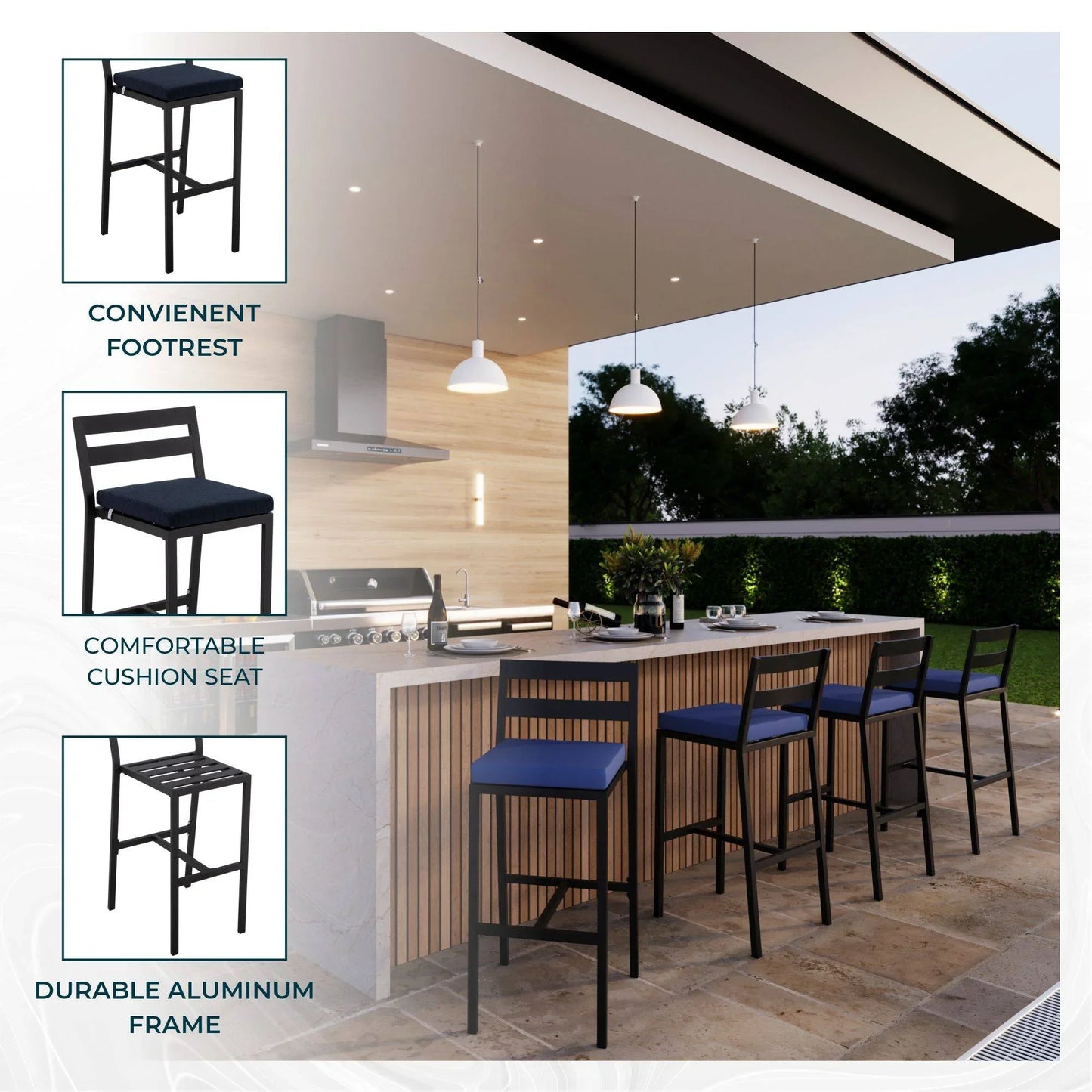 Chelsea Modern Patio Bar Chair in Powder-Coated Aluminum with Removable Cushion - Elax Furniture