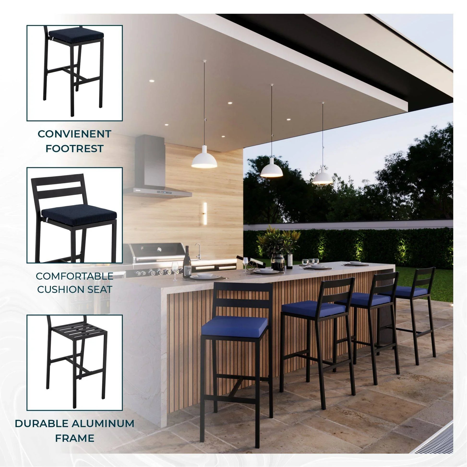 Chelsea Modern Patio Bar Chair in Powder-Coated Aluminum with Removable Cushion - Elax Furniture