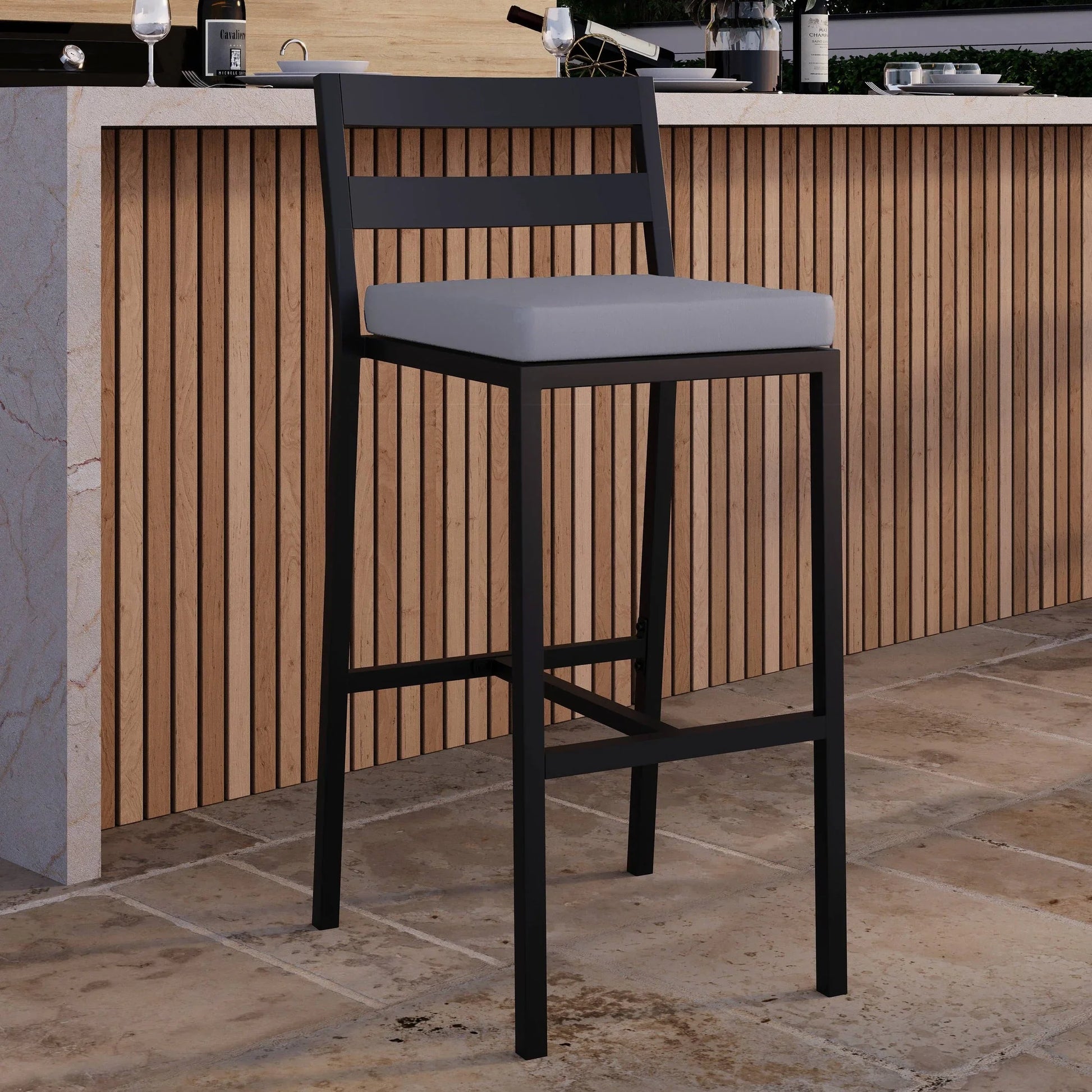 Chelsea Modern Patio Bar Chair in Powder-Coated Aluminum with Removable Cushion - Elax Furniture