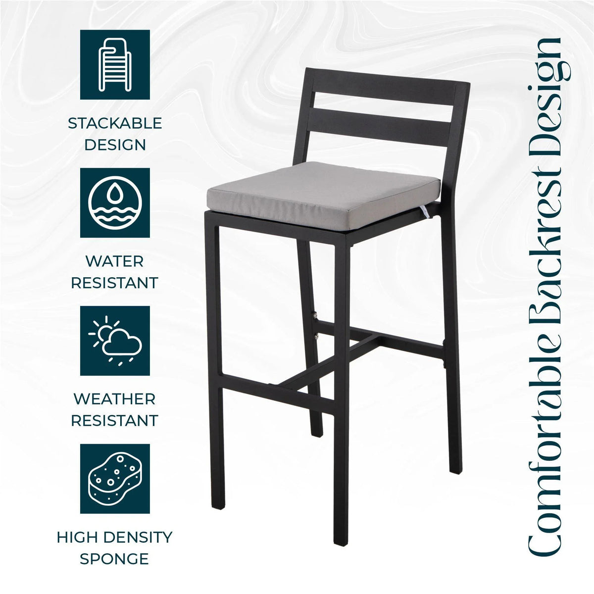 Chelsea Modern Patio Bar Chair in Powder-Coated Aluminum with Removable Cushion - Elax Furniture