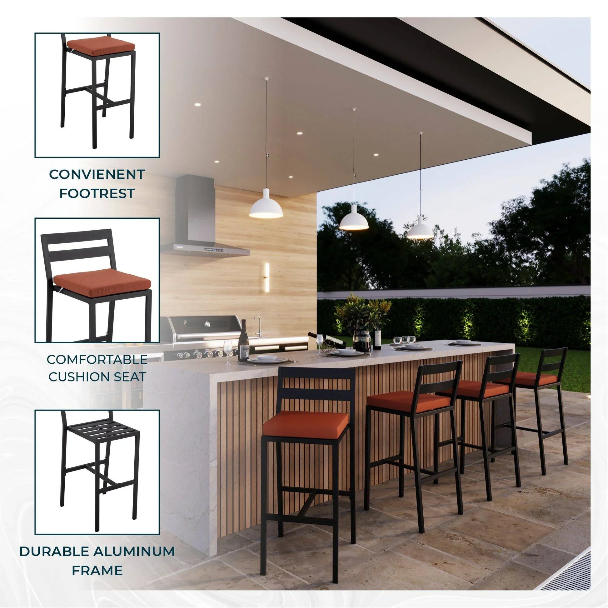 Chelsea Modern Patio Bar Chair in Powder-Coated Aluminum with Removable Cushion - Elax Furniture