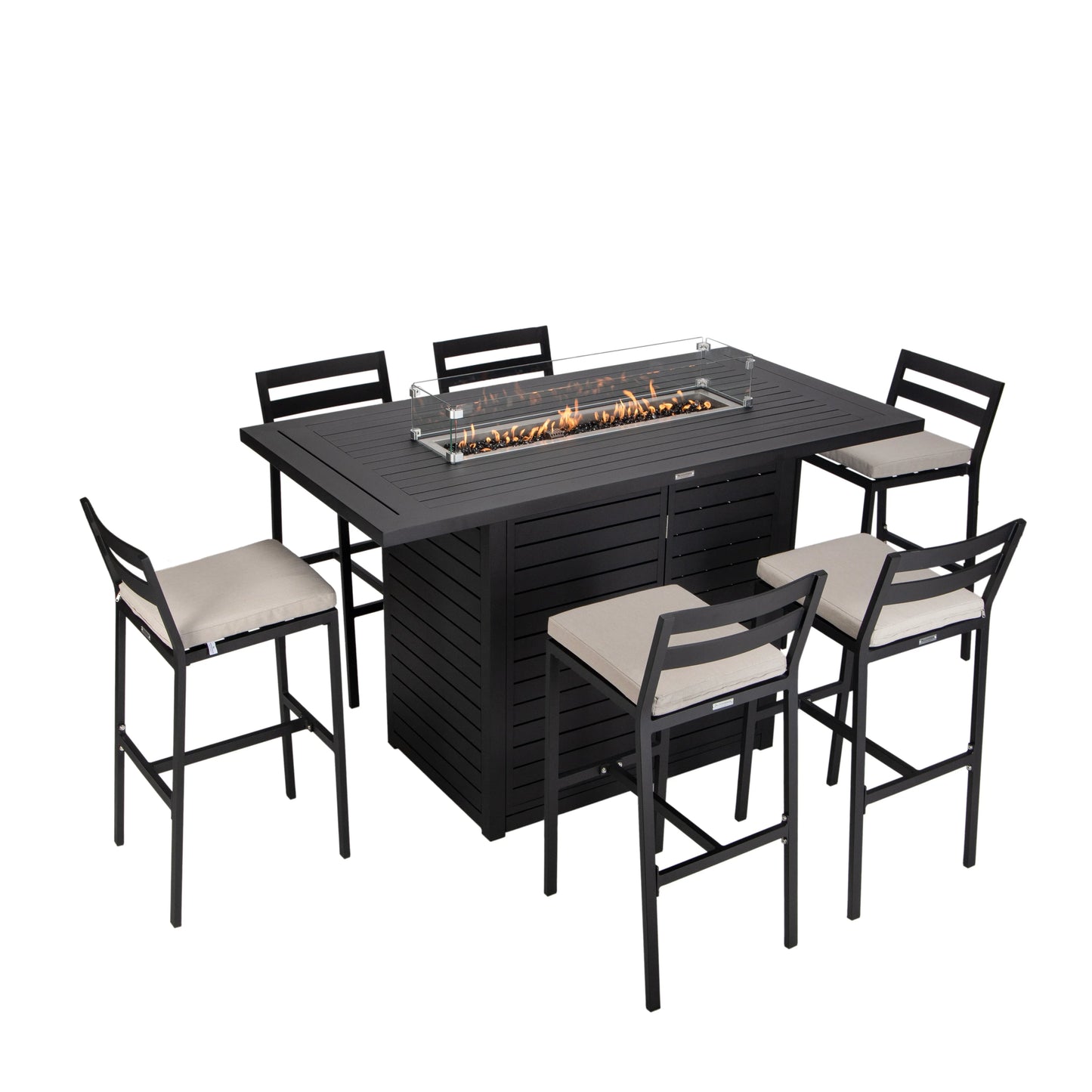 Chelsea 7-Piece Patio Bar Set: Aluminum Fire Pit Table with Tank Holder & 6 Barstools with Cushions - Elax Furniture